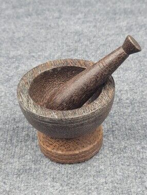 Antique Brown Wooden Hand Grinder Crush Pot Kitchen Mortar & Pestle Unbranded
